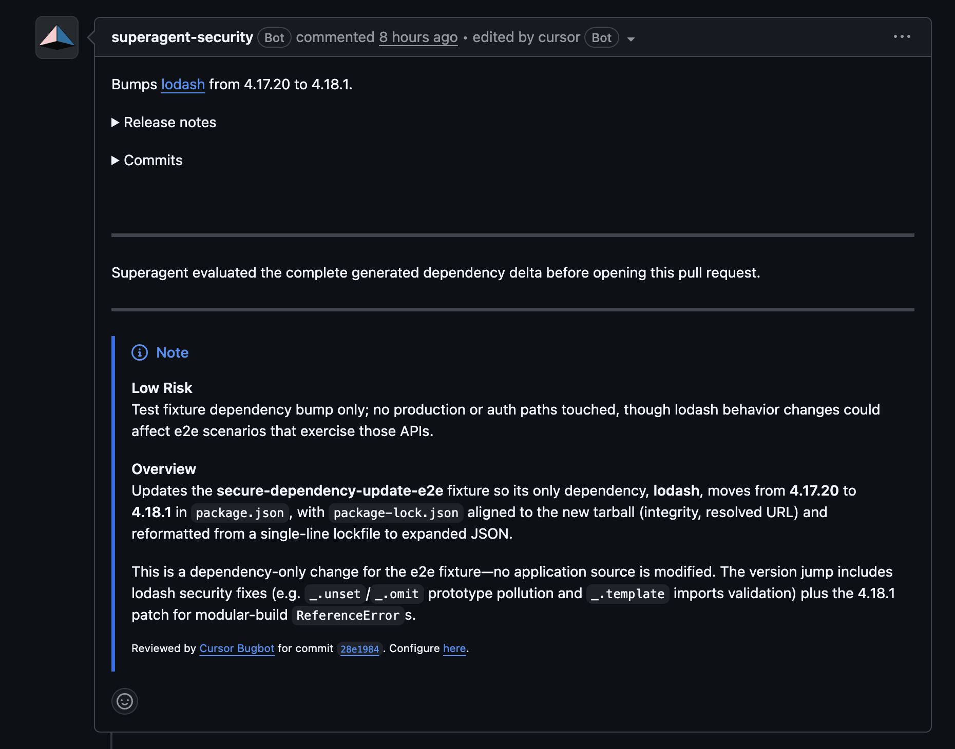 GitHub pull request comment from Superagent evaluating a lodash dependency update before the pull request opened